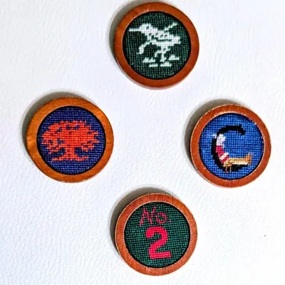 Vintage Smathers & Branson Hand-Stitched Needlepoint Golf Ball Markers (4) – Wood Base