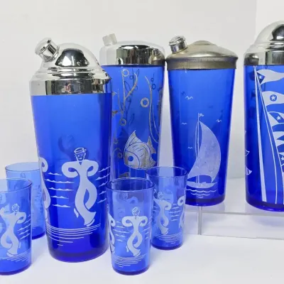 Vintage Hazel Altas Cobalt Sportsman Series Coctail Shaker Collection With Dancing Sailor Glasses