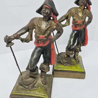 Vintage Paul Herzel Marked Bronze Pirate Bookends – Pair