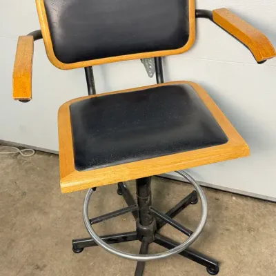 Vintage Adjustable Industrial Stool with Vinyl Seat & Wood Accent Trim