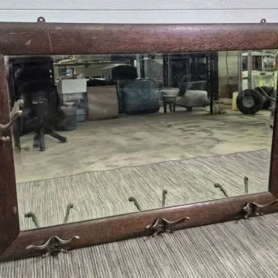 Wooden Rectangular Beveled Wall Mirror with Hat Hooks