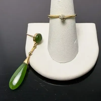 10K Gold Dainty Diamond Ring & Single Nephrite Earring