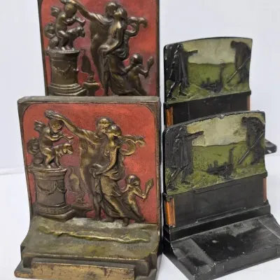 Vintage Art Deco Pompeian Bronze Bookends – “The Pioneers” & “The Altar of Love”