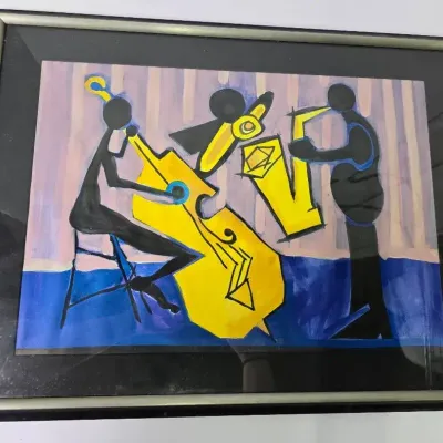Mid-Century Modern Style Abstract Jazz Musicians Painting – Signed & Framed