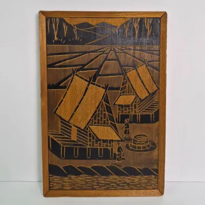 Vintage Southeast Asian Hand-Carved Wooden Decorative Panel in Frame