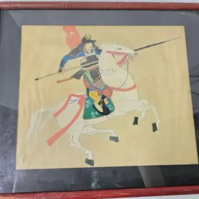 Vintage Japanese Framed Silk Painting – Samurai Warrior on Horseback