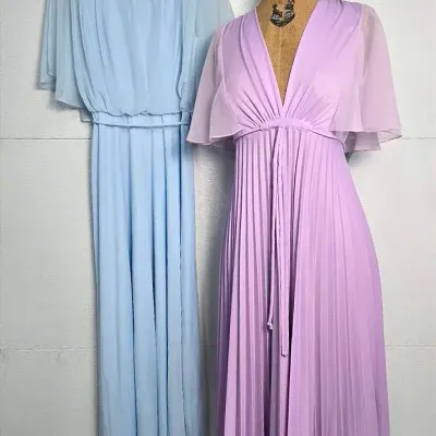 Vintage 1970s Chiffon Bell Sleeve Dresses, Union Made - Small