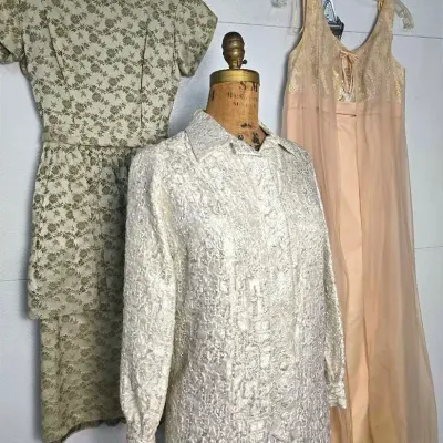 Vintage Formal Dresses: Metallic Brocade, Chiffon Overlay & Floral Peplum - Size XS