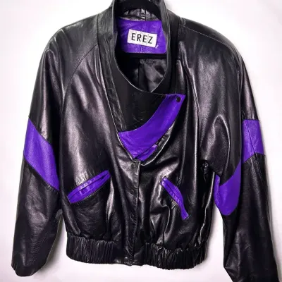 Vintage EREZ Leather Black & Purple Colorblock Bomber Jacket: Size M