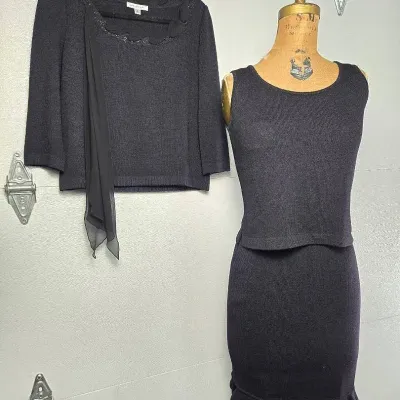 Vintage St. John Black Knit Tops & Ruffle Skirt (3): Sizes S,4,P