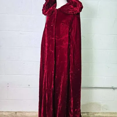 Vintage Saks Fifth Ave Ruby Red Velvet Opera Coat with Ruffled Collar