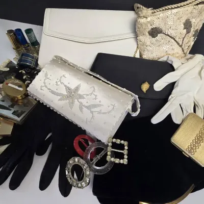 Vintage Evening Bags, Gloves, Coin Cases, Rhinestone Buckles, Compact, More