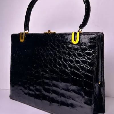Vintage Bellestone Black Alligator Handbag with Gold-Tone Hardware
