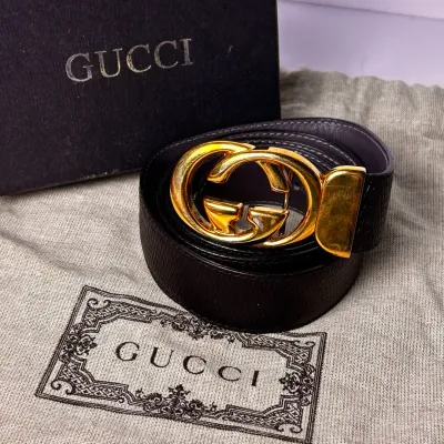 Authenticated Gucci Leather Belt with Interlocking GG Buckle (Gold-Tone), Size 38