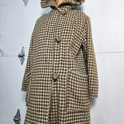 Vintage Reversible Wool Houndstooth & Faux Fur Toggle Overcoat - Size XS/S