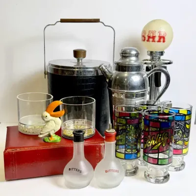 Vintage Barware - Faux Stained Glass Beer Glasses, Ice Bucket, Bar Tools & More