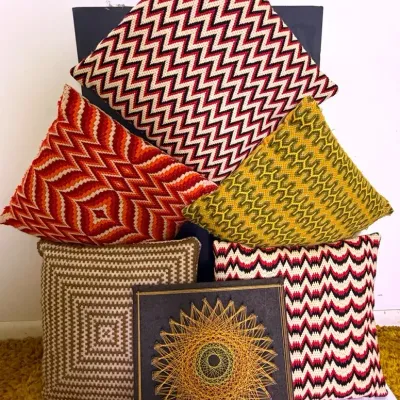 Vintage 1970s Bargello Needlepoint Pillows & Geometric String Art Wall Art