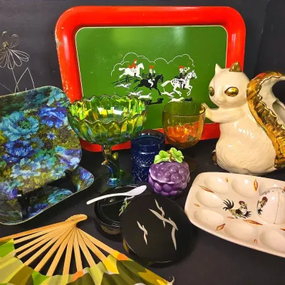 Vintage Ceramic Squirrel Planter, Egg Tray, Bar Tray & More Colorful Houseware