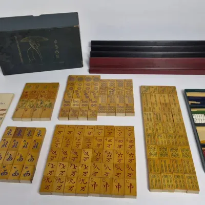 Vintage Wood Tile Mahjong Set Plus Racks