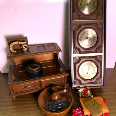 Vintage Men's Dresser Top: Barometer, Pipe, Brass Buckle & More