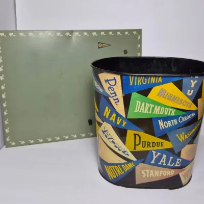 Vintage Harvell-Kilgore College Pennant Metal Waste Basket ,11.5" & Duck Magnet Board 14x18"