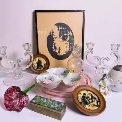 Vintage Silhouette Art, Glass Candlesticks & Glassware, Floral Porcelain