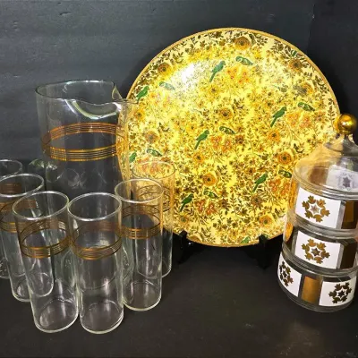 MCM Stacked Server, Pitcher & Bar Glasses Set & Serving Tray