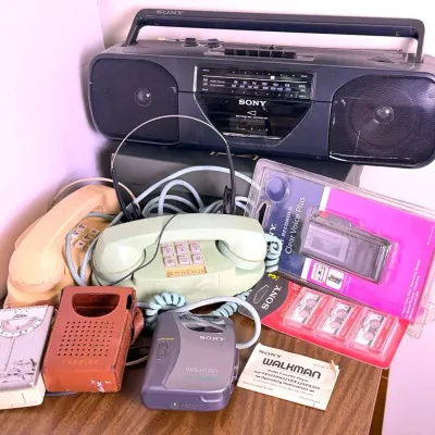 Vintage Toshiba Transistor Radio STP31, Sony Boombox CFS-201, Walkman WM-FX323, Princess Phone, More