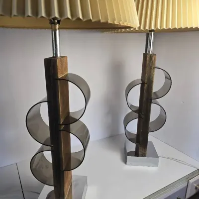 Mid-Century Sculptural Smoke Acrylic, Wood & Chrome Lamp Pair - 39" H