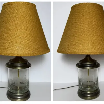 Vintage Nautical Etched Glass Sailing Ship Table Lamps - Pair, 25"