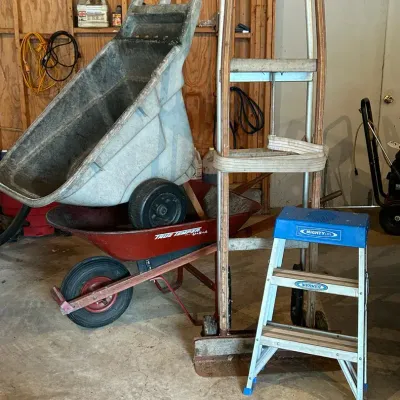 True Temper Wheelbarrow, Rubbermaid Garden Utility Cart, Werner 3’ Step Ladder, Fridge Dolly