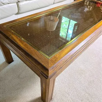 Mid-Century Bassett Coffee Table With Rattan, Brass & Glass Accents