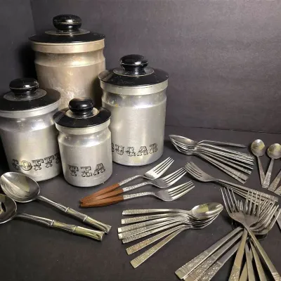 Vintage Aluminum Kitchen Canisters Plus Stainless Steel Flatware