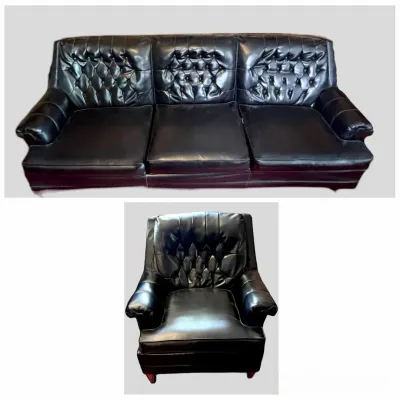 Mid-Century Modern Style Black Vinyl Tufted Sofa & Matching Armchair Set