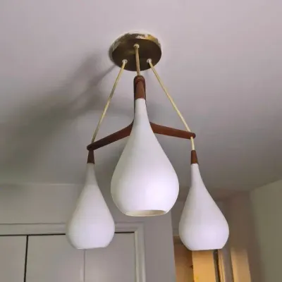MCM Triple Pendant Chandelier With Teak & Teardrop Glass Shades - Damaged Shade - 2 of 2