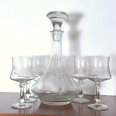 Vintage MCM-Style Crystal Glass Decanter with Etched Clipper Ship & 6 Matching Glasses