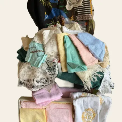 Vintage Household Linens Including Embroidered Peacock Blanket & More 