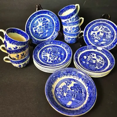 Antique Blue Willow Transferware Cups, Saucers, Small Plates