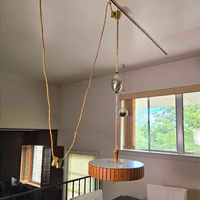 MCM Retractable Walnut Pendant Lamp - 16” Diameter 