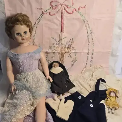 Vintage Dolls, Embroidered Baby Blanket & Vintage Baby Clothes
