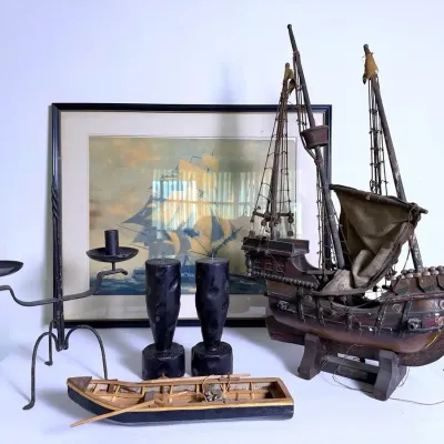 Vintage Nautical Decor: Wall Art, Rigged Ship, Candlesticks