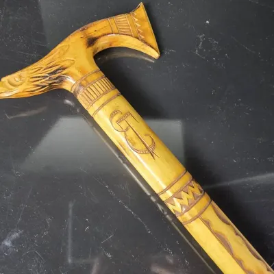 Folk Art Carved Wood Eagle Handle Cane, Marked Zakopane