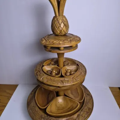 Vintage Monkey Pod Wood Lazy Susan Serving Tower