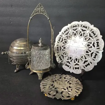 Victorian Pickle Castor With Tongs, Butter Server Plus Silverplate Trivets