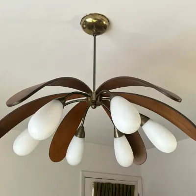 MCM Chandelier With Walnut Petals & Glass Teardrop Shades
