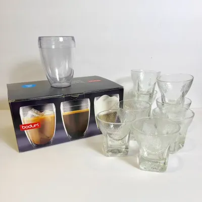 Bodum Pavina Acrylic Tumblers & Vintage Libbey Textured Glass Lowball Glasses