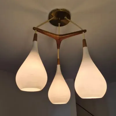MCM Triple Pendant Chandelier With Teak & Teardrop Glass Shades 1 Of 2