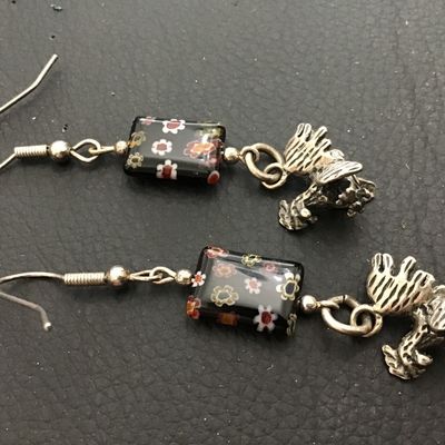 Black Floral Glass with Roosters Vintage