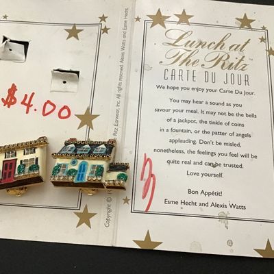 Rita’s Designer Earrings Dream House 24 Kt Plated Pave set Rhinestones With original Card