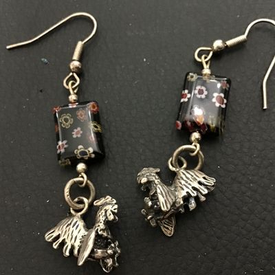 Black Floral Glass with Roosters Vintage
